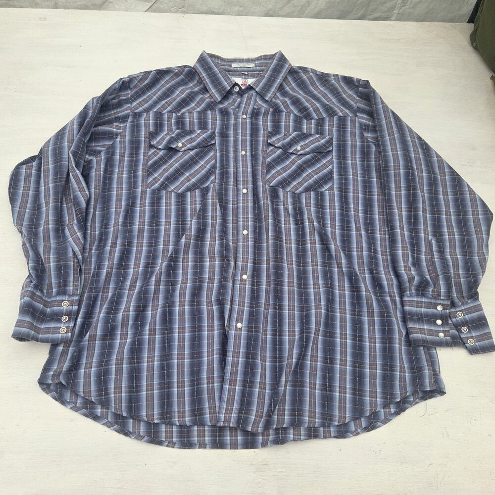 Real Work Wear Shirt Me Size 2XL Pearl Snap Plaid Long Sleeve Blue Western